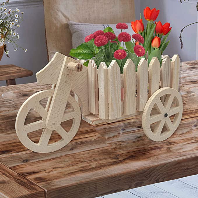 DECORASIA Artificial Flowers Garden Nostalgic Bicycle Artificial Flower Decor Plant Stand Mini Garden for Home Wedding Decoration Wooden Wheel Barrel Planter, Natural Pine Wood 12 x 5.5 x 6 inch