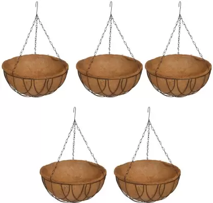 Hanging Round Bigger size Basket 14 INCH 5 Pieces - Coco Gardening POTS with Stand - Flower POTS Hanger Garden Decoration Indoor Outdoor Water Hanging Baskets [Outter Dia - 35 cm, Height - 17 cm] Plant Container Set  (Pack of 5, Wood)