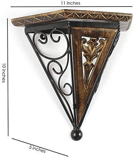 DECORASIA  Wall Mounted Wooden & Wrought Iron Wall Bracket/Home Decor Beautiful Triangle Shape Design Wall Shelf (11 X 5 X 10.2 in,Black, Set of 1)