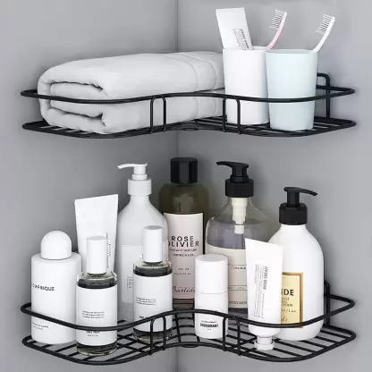 bathroom rack Self-Adhesive Metal Bathroom Corner Rack for Kitchen shelf Iron Wall Shelf  (Number of Shelves - 3, Black)