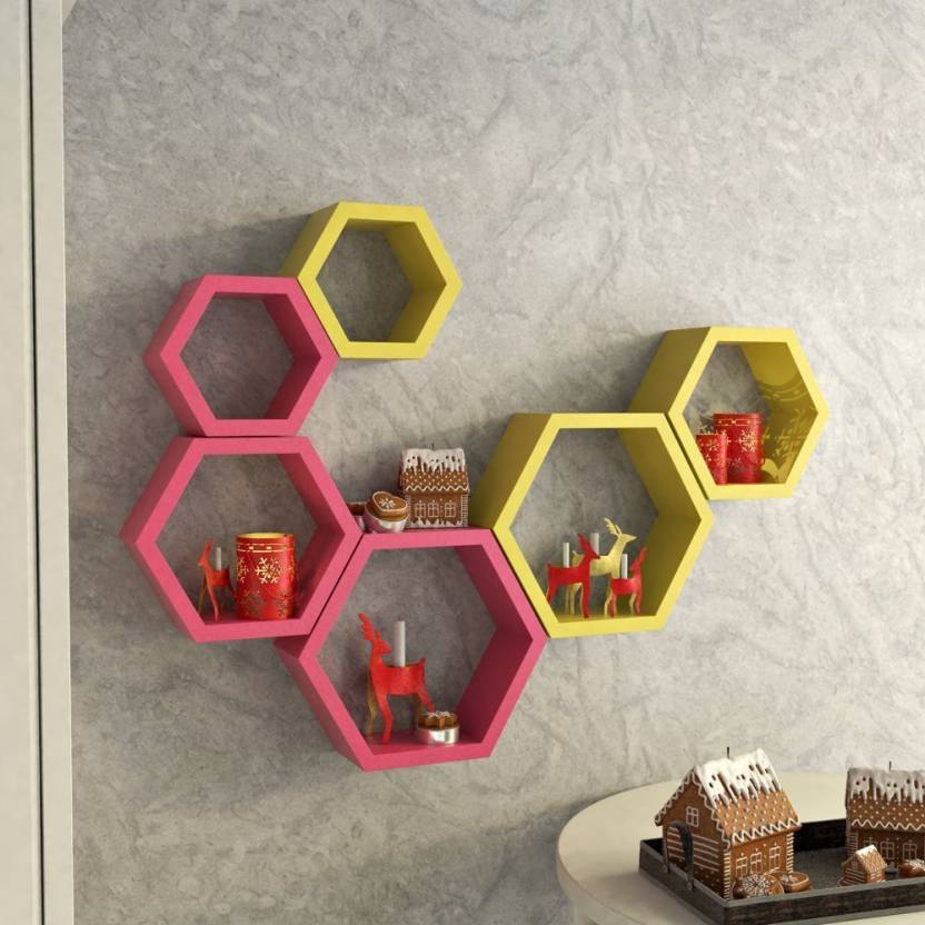 DECORASIA Hexagon Shape Wooden Wall Shelf  (Number of Shelves - 6) Yellow Pink