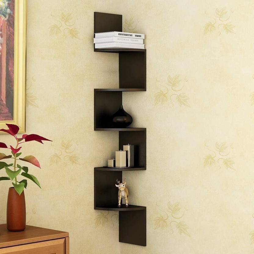 DECORASIA Beautiful Zigzag Shape Corner Wooden Wall Shelf for Multi Purpose Utility Wooden Wall Shelf  (Number of Shelves - 5, Black)