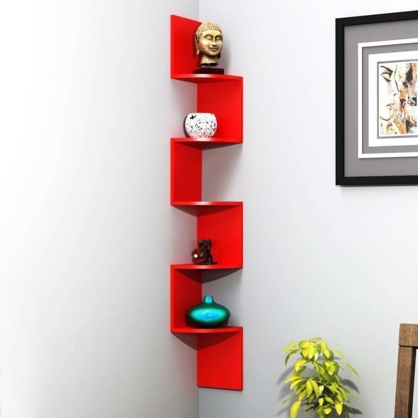 DECORASIA Beautiful Zigzag Shape Corner Wooden Wall Shelf for Multi Purpose Utility Wooden Wall Shelf  (Number of Shelves - 5, Red