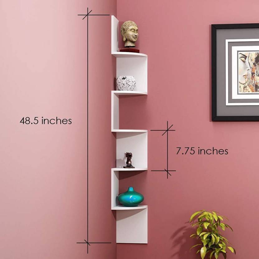 DECORASIA Beautiful Zigzag Shape Corner Wooden Wall Shelf for Multi Purpose Utility Wooden Wall Shelf  (Number of Shelves - 5, White