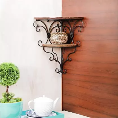 wall shelf Wooden, Iron Wall Shelf  (Number of Shelves - 2, Black, Brown)