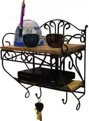 DECORASIA Wooden and Iron Wall Shelf | For Set Top Box, Showpiece & with Key Holder | Portable/Durable & Multipurpose | Made In India [Wooden City - Saharanpur] | Iron, Wooden Wall Shelf (Number of Shelves - 2, Brown, Black) Wooden, Iron Wall Shelf  (Number of Shelves - 2, Brown)