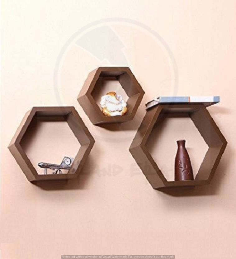 DECORASIA Hexagon Shape Wooden Wall Shelf (Number Of Shelves - 3)