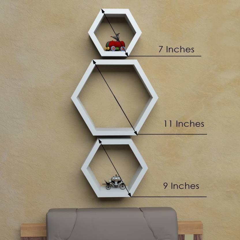 DECORASIA Hexagon Shape Wooden Wall Shelf (Number Of Shelves - 3)  White