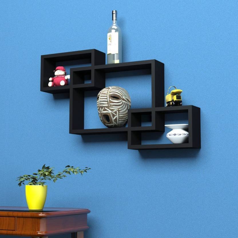 DECORASIA Wall Mount Set Of 3 Intersecting Wall Shelves MDF (Medium Density Fiber) Wall Shelf (Number Of Shelves - 3) Black