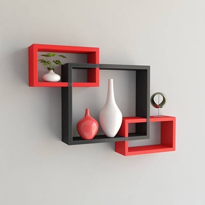 DECORASIA Wall Mount Set Of 6 Intersecting Wall Shelves MDF (Medium Density Fiber) Wall Shelf (Number Of Shelves - 3) Black,Red