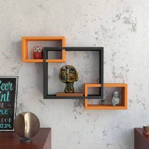 DECORASIA Wall Mount Set Of 3 Intersecting Wall Shelves MDF (Medium Density Fiber) Wall Shelf (Number Of Shelves - 3) Orange,Black