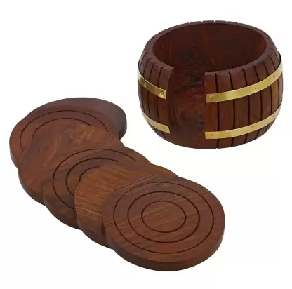 DECORASIA  Round Reversible Wood Coaster Set  (Pack of 6)