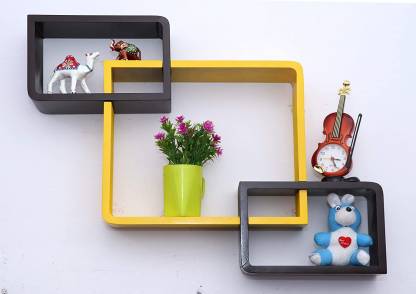 DECORASIA Wall Mount Set Of 3 Intersecting Wall Shelves MDF (Medium Density Fiber) Wall Shelf (Number Of Shelves - 3) Black,Yellow