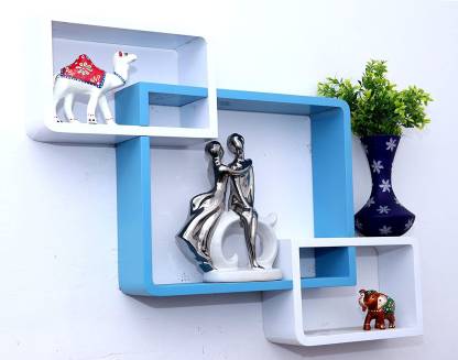 DECORASIA Wall Mount Set Of 3 Intersecting Wall Shelves MDF (Medium Density Fiber) Wall Shelf (Number Of Shelves - 3) Blue,White