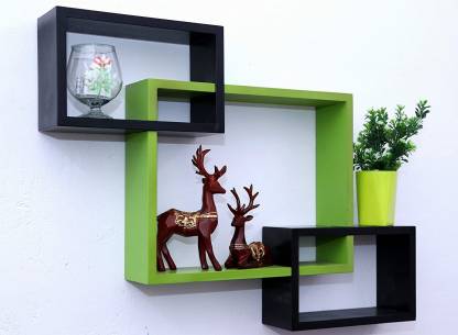 DECORASIA Wall Mount Set Of 3 Intersecting Wall Shelves MDF (Medium Density Fiber) Wall Shelf (Number Of Shelves - 3) Green , Black