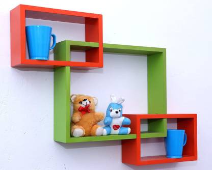 DECORASIA Wall Mount Set Of 3 Intersecting Wall Shelves MDF (Medium Density Fiber) Wall Shelf (Number Of Shelves - 3) Green,Red