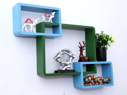 DECORASIA Wall Mount Set Of 3 Intersecting Wall Shelves MDF (Medium Density Fiber) Wall Shelf (Number Of Shelves - 3) Green,Blue