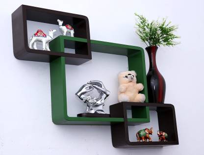 DECORASIA Wall Mount Set Of 3 Intersecting Wall Shelves MDF (Medium Density Fiber) Wall Shelf (Number Of Shelves - 3) Green,Brown