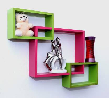 DECORASIA Wall Mount Set Of 3 Intersecting Wall Shelves MDF (Medium Density Fiber) Wall Shelf (Number Of Shelves - 3) Green,Pink