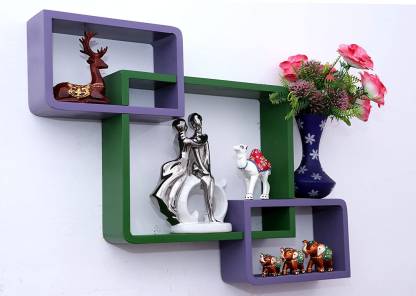 DECORASIA Wall Mount Set Of 3 Intersecting Wall Shelves MDF (Medium Density Fiber) Wall Shelf (Number Of Shelves - 3) Green,Purple