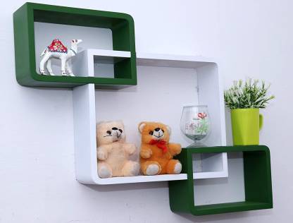 DECORASIA Wall Mount Set Of 3 Intersecting Wall Shelves MDF (Medium Density Fiber) Wall Shelf (Number Of Shelves - 3) Green,White