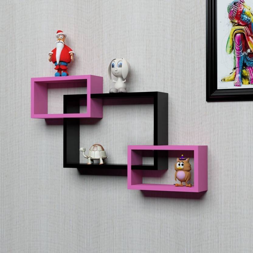 DECORASIA Wall Mount Set Of 6 Intersecting Wall Shelves MDF (Medium Density Fiber) Wall Shelf (Number Of Shelves - 3) Black,Pink