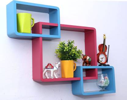 DECORASIA Wall Mount Set Of 6 Intersecting Wall Shelves MDF (Medium Density Fiber) Wall Shelf (Number Of Shelves - 3) Blue,Pink