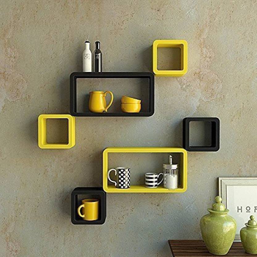 DECORASIA Cube Shape MDF (Medium Density Fiber) Wall Shelf  (Number of Shelves - 6 Black Yellow