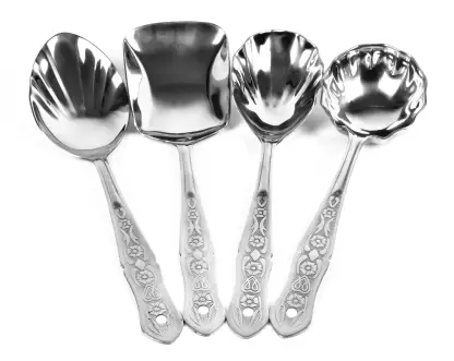 Steel Designer Serving Spoon Spatula Set | 1 Ladle (Karchi), 2 Solid Spoon (Chamcha), 1 Rice Spoon, 1 Cutlery Holder and 1 Oil Lifter (Set of 6) Stainless Steel Serving Spoon Set  (Pack of 6)